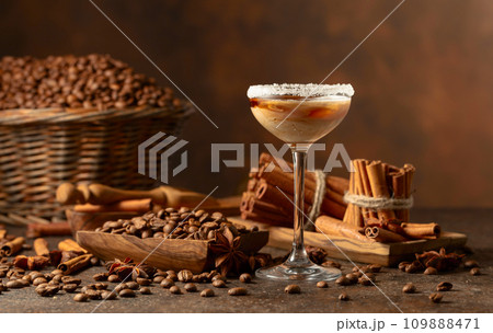 Irish cream and coffee liqueur on a brown background. 109888471