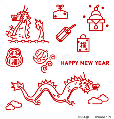 シンプルな赤色のラインアート　年賀状素材セット 109888719