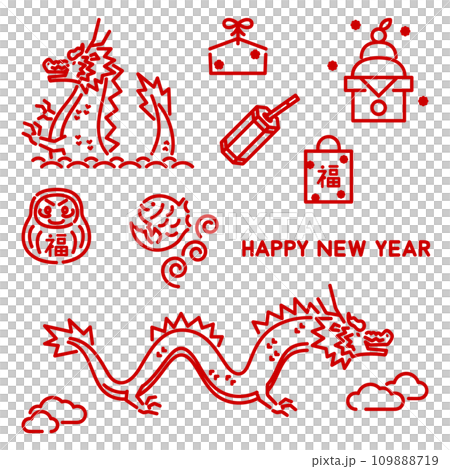 シンプルな赤色のラインアート　年賀状素材セット 109888719