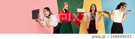 Collage. Different young women using various gadgets for work, communication and education over multicolored background. Collage. Different young women using various gadgets for work, communication and education over multicolored background. 109889035