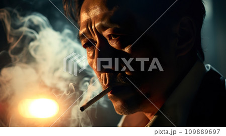 暗い夜にタバコを吸う中年男性「AI生成画像」 109889697