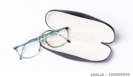 Pair of classics eyeglasses in case isolated on white 109889940