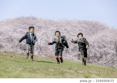 桜の咲く公園を走る一年生たち 桜の咲く公園を走る一年生たち 109890635