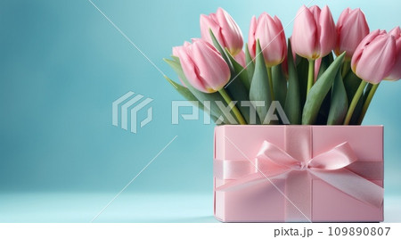 pink box with pink tulips on the blue background pink tulips pink box with pink tulips on the blue background pink tulips 109890807