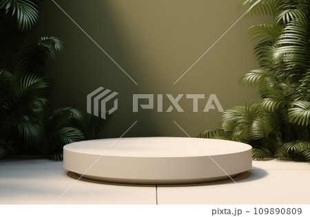 on a table with green plantation background a white pedestal 109890809