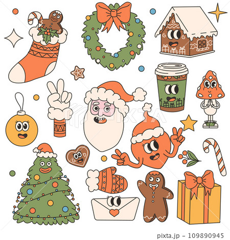 Groovy hippie Christmas stickers. Santa Claus gifts coffee heart gingerbread in trendy groovy retro cartoon style. Cartoon characters and elements. Groovy hippie Christmas stickers. Santa Claus gifts coffee heart gingerbread in trendy groovy retro cartoon style. Cartoon characters and elements. 109890945