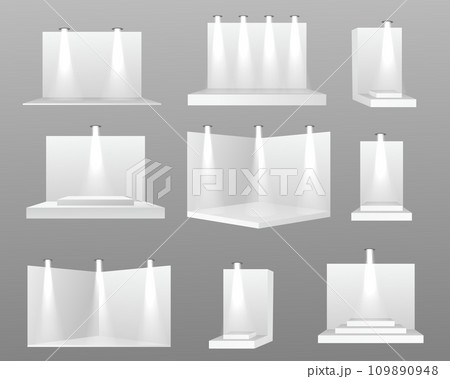 Exhibition stand. White empty advertising stand with desk. Trade Show Booths Mockup with Demonstrations Tables. Scene show Podium for presentations. 109890948