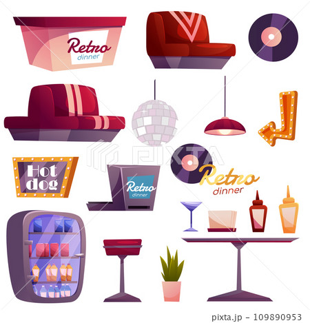 Set of furniture for American retro diner interior design. American retro cafe. Colorful snack bar interior with tables, armchairs, bar counter and chess floor. 109890953