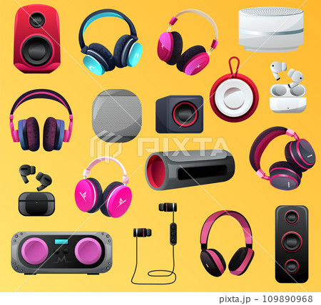 Electronics elements isolated set. Headphones, Wired and Wireless Earphones, Audio Equipment for Music Listening. Portable music column 109890968