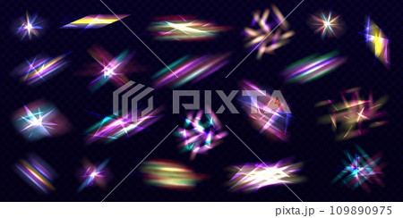Rainbow crystal light leak flare reflection effect. Iridescent crystal leak glare reflection effect. Realistic set of bright iridescent glares, rainbow flares isolated on transparent background. 109890975