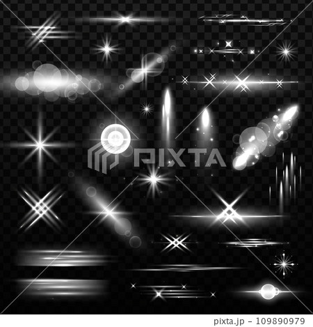 Light effect set. Glowing glare and realistic shining effect. Blinding sunshine mockup. Lens glints or camera flash. Glowing isolated set of bright transparent light effects, glare, explosion Light effect set. Glowing glare and realistic shining effect. Blinding sunshine mockup. Lens glints or camera flash. Glowing isolated set of bright transparent light effects, glare, explosion 109890979