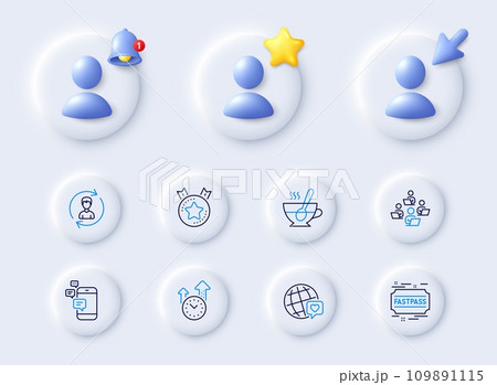 Ranking star, Communication and Fastpass line icons. Placeholder with 3d cursor, bell, star. Pack of Tea cup, Time management, World brand icon. Teamwork, Human resources pictogram. Vector 109891115
