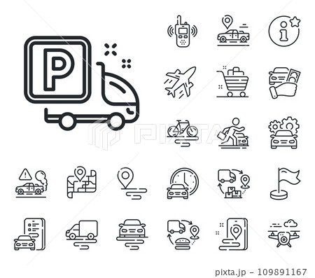 Car park sign. Plane, supply chain and place location outline icons. Truck parking line icon. Transport place symbol. Truck parking line sign. Taxi transport, rent a bike icon. Travel map. Vector Car park sign. Plane, supply chain and place location outline icons. Truck parking line icon. Transport place symbol. Truck parking line sign. Taxi transport, rent a bike icon. Travel map. Vector 109891167