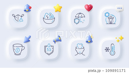 Salad, Umbrella and Mental health line icons. Buttons with 3d bell, chat speech, cursor. Pack of Ph neutral, Medical mask, Coronavirus protection icon. Low thermometer, Coffee pictogram. Vector 109891171