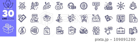 Sale, Networking and Money exchange line icons pack. Change money, Software bug, Checklist web icon. Calculator target, Budget, Rise price pictogram. Bitcoin atm, Portfolio, Bid offer. Vector 109891280
