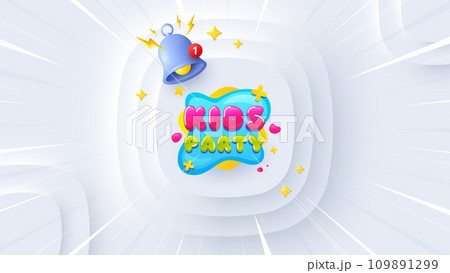 Kids party sticker. Neumorphic offer 3d banner, poster. Fun playing zone banner. Children games party area icon. Kids party promo event background. Sunburst banner, flyer or coupon. Vector Kids party sticker. Neumorphic offer 3d banner, poster. Fun playing zone banner. Children games party area icon. Kids party promo event background. Sunburst banner, flyer or coupon. Vector 109891299