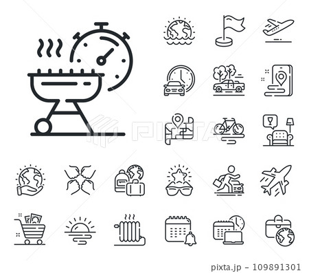 Barbecue cooker for cooking food sign. Plane jet, travel map and baggage claim outline icons. Grill time line icon. Hot meat brazier symbol. Grill time line sign. Vector 109891301
