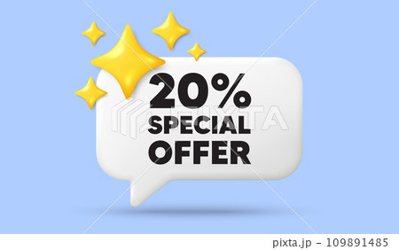 20 percent discount offer tag. 3d speech bubble banner with stars. Sale price promo sign. Special offer symbol. Discount chat speech message. 3d offer talk box. Vector 20 percent discount offer tag. 3d speech bubble banner with stars. Sale price promo sign. Special offer symbol. Discount chat speech message. 3d offer talk box. Vector 109891485