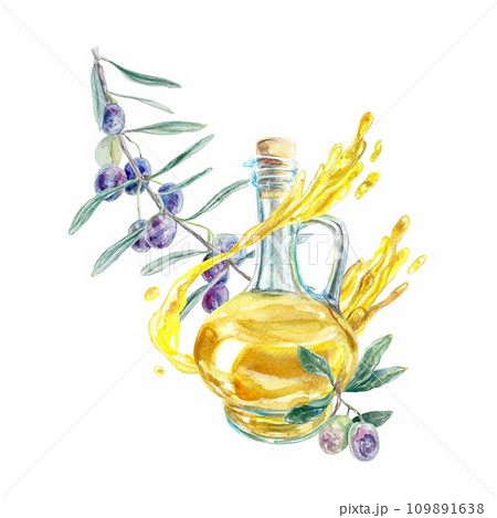 Olive oil in a bottle, splashes, olive branch. Watercolor illustration isolated on white background. Labels, packaging, leaflets, covers, cosmetics. 109891638