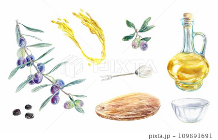 Olive set, watercolor. Olive branches, oil, board, plate, splashes isolated on white background. Labels, packaging, covers, cards, menus, cosmetics. 109891691