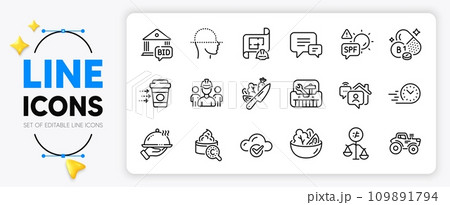 Restaurant food, Tractor and Work home line icons set for app include Engineering plan, Fast delivery, Discrimination outline thin icon. Toolbox, Collagen skin, Engineering team pictogram icon. Vector 109891794