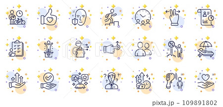 Outline set of Food delivery, Users and Report line icons for web app. Include Drag drop, Like hand, Checklist pictogram icons. Touchscreen gesture, Meeting time, Difficult stress signs. Vector Outline set of Food delivery, Users and Report line icons for web app. Include Drag drop, Like hand, Checklist pictogram icons. Touchscreen gesture, Meeting time, Difficult stress signs. Vector 109891802