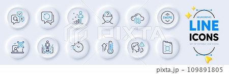 Cloud sync, Augmented reality and Psychology line icons for web app. Pack of Stats, Inspect, Swipe up pictogram icons. Timer, High thermometer, Canister oil signs. Qr code, Recovery data. Vector 109891805