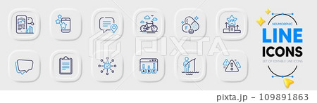 Vip podium, Survey results and Best app line icons for web app. Pack of Fisherman, Fluorine mineral, Bike rental pictogram icons. Chat bubble, Warning, Speech bubble signs. Clipboard. Vector 109891863