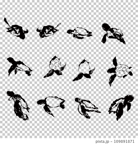 Set of turtle sumi-e style illustration materials vector Set of turtle sumi-e style illustration materials vector 109891871