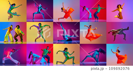 Collage. Young artistic men and women, talented dancers perfuming various dance types over multicolored background in neon light. Modern dance style, action and motion, hobby Collage. Young artistic men and women, talented dancers perfuming various dance types over multicolored background in neon light. Modern dance style, action and motion, hobby 109892076