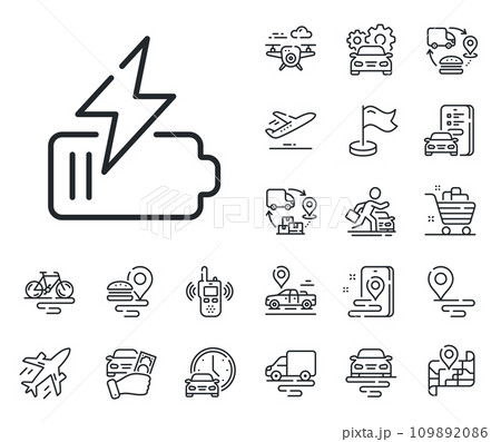 Charge accumulator sign. Plane, supply chain and place location outline icons. Battery line icon. Electric power symbol. Battery line sign. Taxi transport, rent a bike icon. Travel map. Vector 109892086