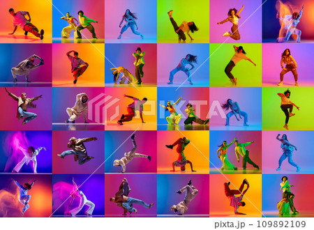 Collage. Talented artistic young people, men and women perfuming hip hop, breakdance over multicolored background in neon light. Modern dance style, action and motion, hobby Collage. Talented artistic young people, men and women perfuming hip hop, breakdance over multicolored background in neon light. Modern dance style, action and motion, hobby 109892109