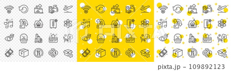 Outline Change money, Food and Payment line icons pack for web with Plane, Chemistry atom, Refrigerator line icon. Loyalty card, Last minute, Seo devices pictogram icon. Loyalty points. Vector 109892123