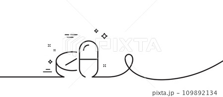 Medical drugs line icon. Continuous one line with curl. Medicine pills sign. Pharmacy medication symbol. Medical drugs single outline ribbon. Loop curve pattern. Vector 109892134