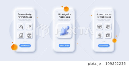 Group people, Market seller and Painter line icons pack. 3d phone mockups with cursor. Glass smartphone screen. Microphone, Yoga, Ranking star web icon. Clapping hands, Market buyer pictogram. Vector 109892236