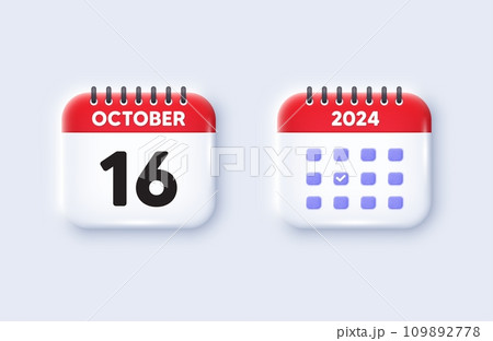 Calendar date 3d icon. 16th day of the month icon. Event schedule date. Meeting appointment time. 16th day of October month. Calendar event reminder date. Vector 109892778