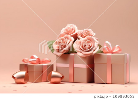Valentine's day concept with pink balloons, gift boxes and flowers Valentine's day concept with pink balloons, gift boxes and flowers 109893055