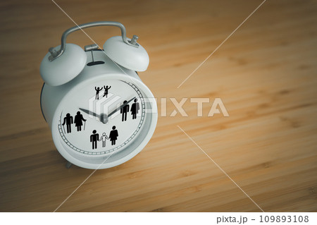Clock on table with circle of life kid adult family and old icon. Lifetime and people growth concept Clock on table with circle of life kid adult family and old icon. Lifetime and people growth concept 109893108