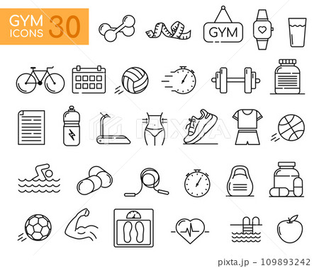 Fitness Activities Thin Line Icons. Containing healthy lifestyle, weight training, body care and workout or exercise equipment icons. Fitness and sport Fitness Activities Thin Line Icons. Containing healthy lifestyle, weight training, body care and workout or exercise equipment icons. Fitness and sport 109893242