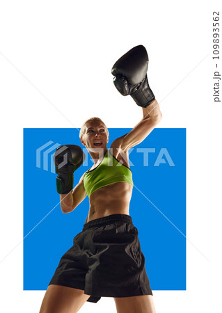 Young muscular woman with fit strong body, boxing athlete in motion, practicing over white background with blue element. Poster 109893562