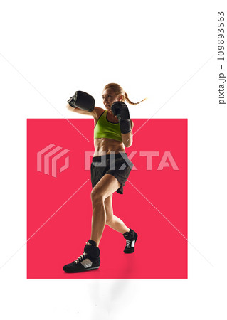 Young muscular woman with fit strong body, boxing athlete in motion, practicing over white background with pink element. Poster 109893563