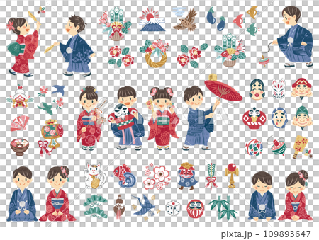 新年男女穿著和服新年賀卡材料圖示插圖集 109893647
