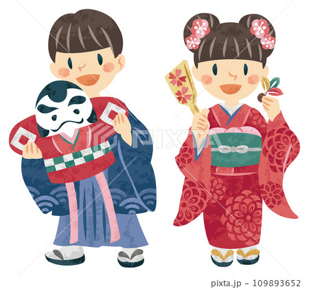 お正月　着物姿の男性と女性　凧と羽根つき　イラスト 109893652