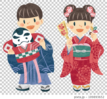 お正月　着物姿の男性と女性　凧と羽根つき　イラスト 109893652