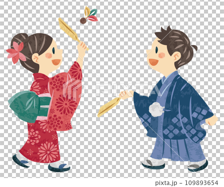 穿著和服、戴著羽毛的男人和女人的新年插畫 穿著和服、戴著羽毛的男人和女人的新年插畫 109893654