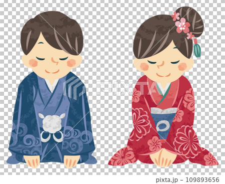 お正月 新年の挨拶をする着物姿の男性と女性 イラスト お正月 新年の挨拶をする着物姿の男性と女性 イラスト 109893656
