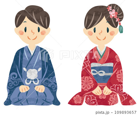 お正月　新年の挨拶をする着物姿の男性と女性　イラスト 109893657