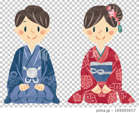 お正月　新年の挨拶をする着物姿の男性と女性　イラスト 109893657