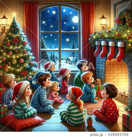 子供達がサンタの到着を心待ちにいている様子 AI画像 109893766