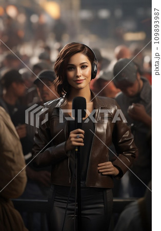 female news reporter holding a microphone with a crowd of people female news reporter holding a microphone with a crowd of people 109893987